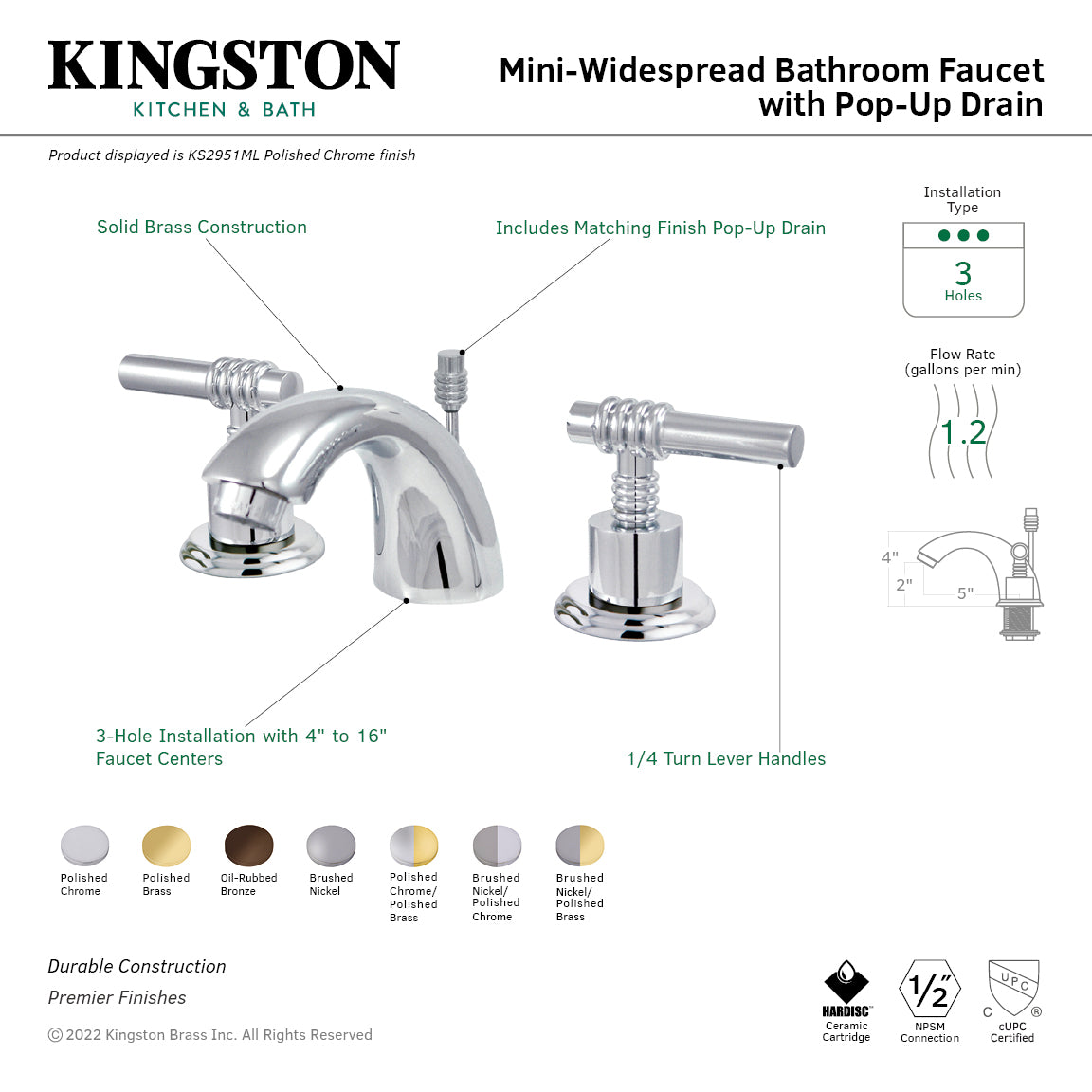 Kingston Tulare KS2952MLTwo-Handle 3-Hole Deck Mount Mini-Widespread Bathroom Faucet with Brass Pop-Up, Polished Brass — thumbnail 2